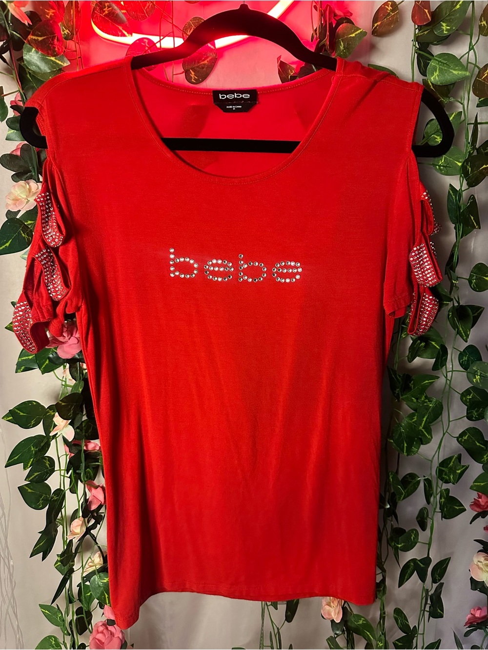 bebe Red Crystal Logo Cold-Shoulder Top